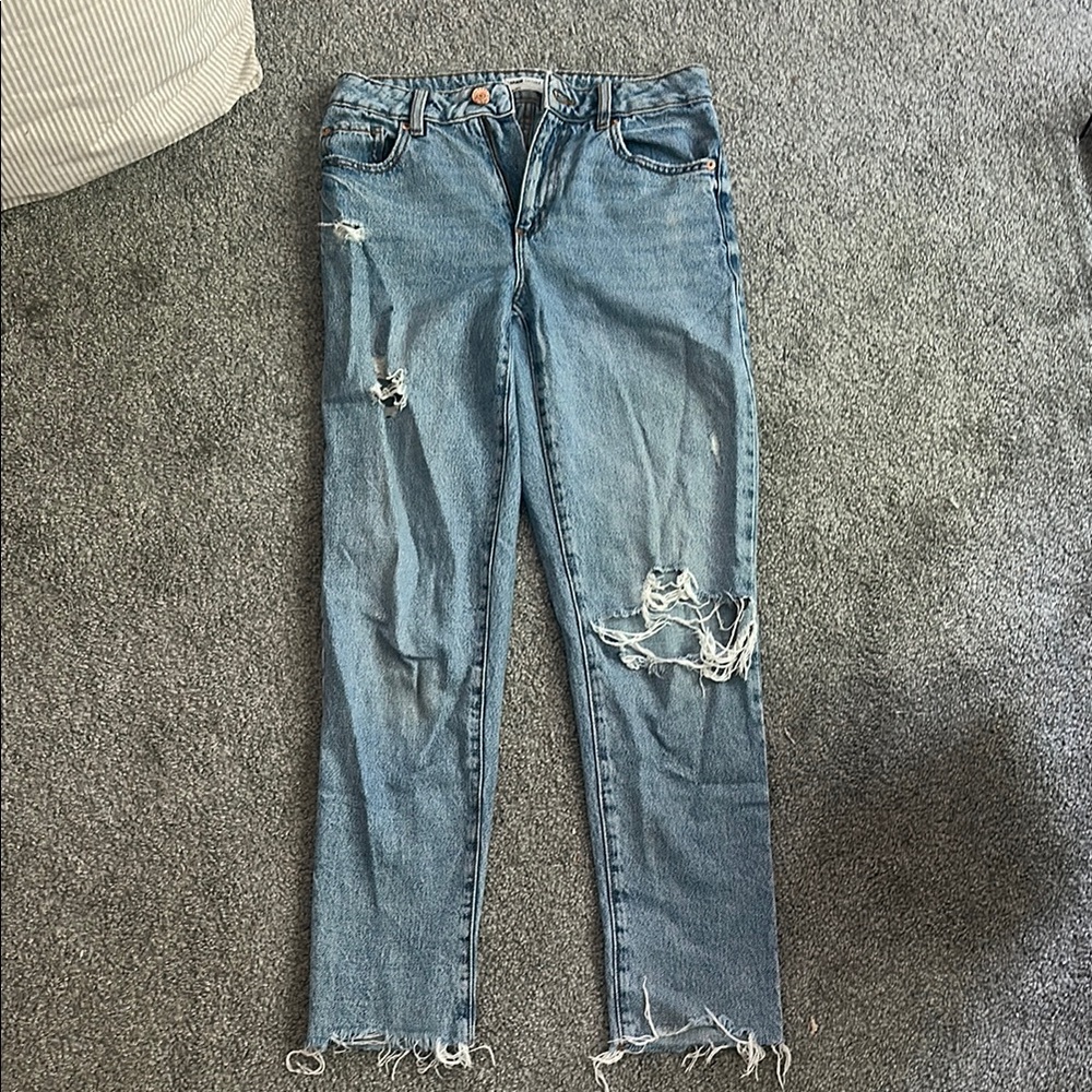 Garage Blue Straight Leg Mom Jeans with Raw Hem